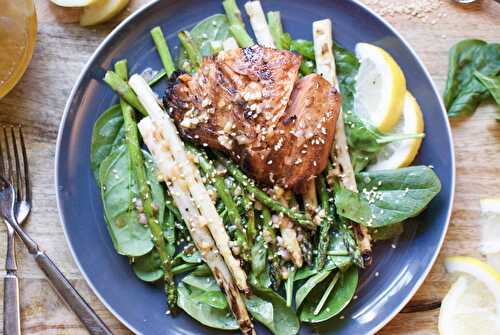 Grilled asparagus & wild king salmon with shallot-ginger vinaigrette