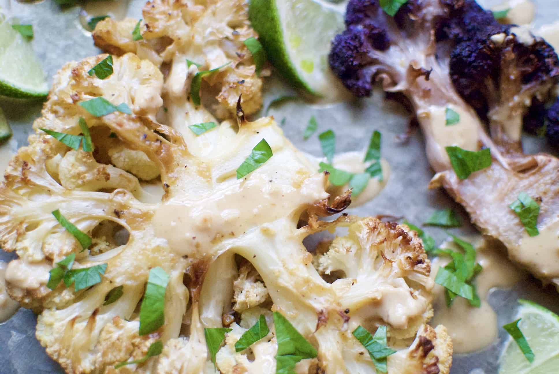 Roasted cauliflower steaks with thai peanut sauce