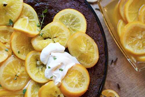 Chocolate gingerbread cake with simmered oranges