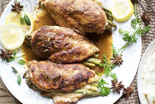 Asparagus stuffed chicken with five spice sauce