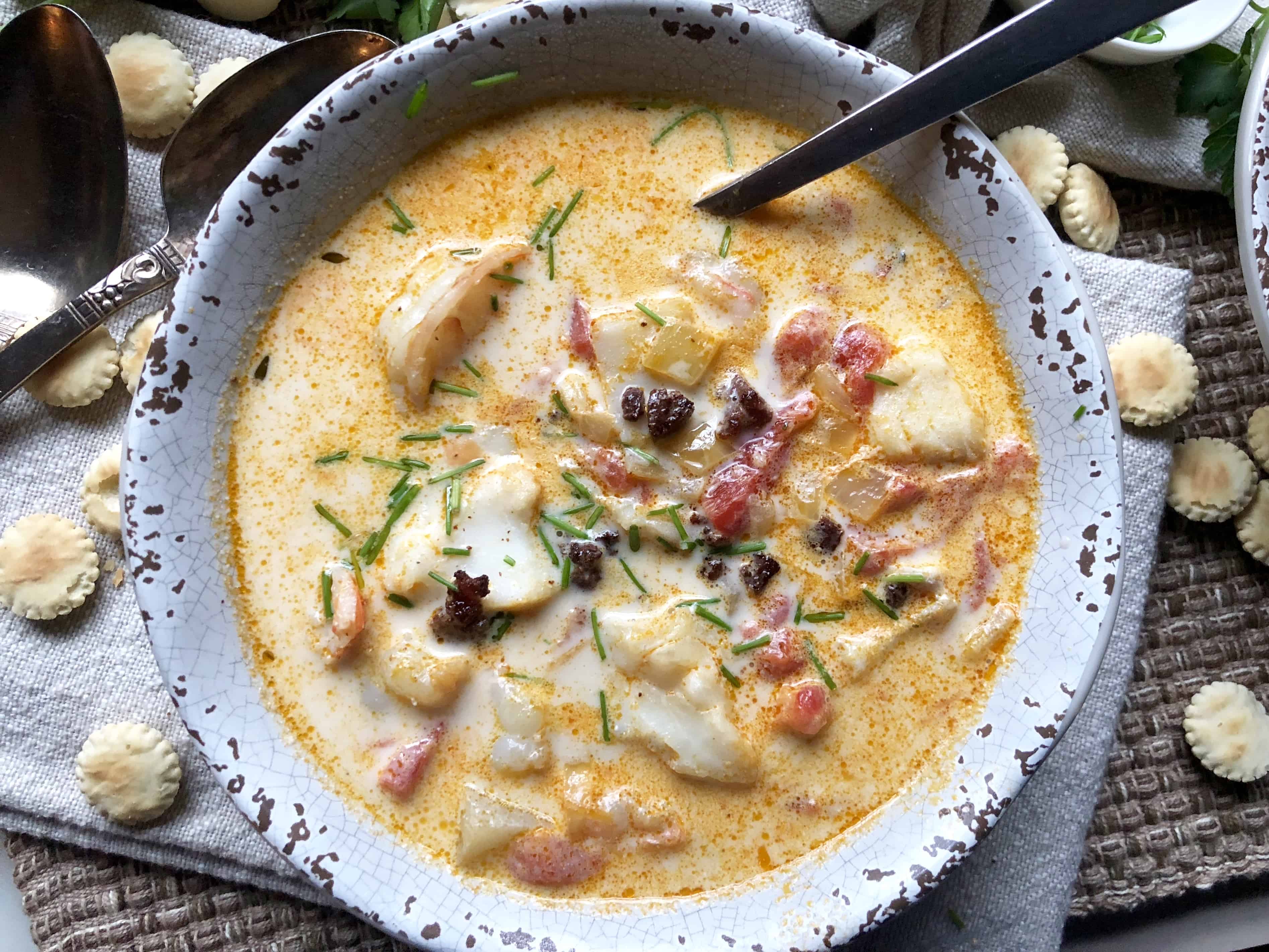 Blushing seafood chowder