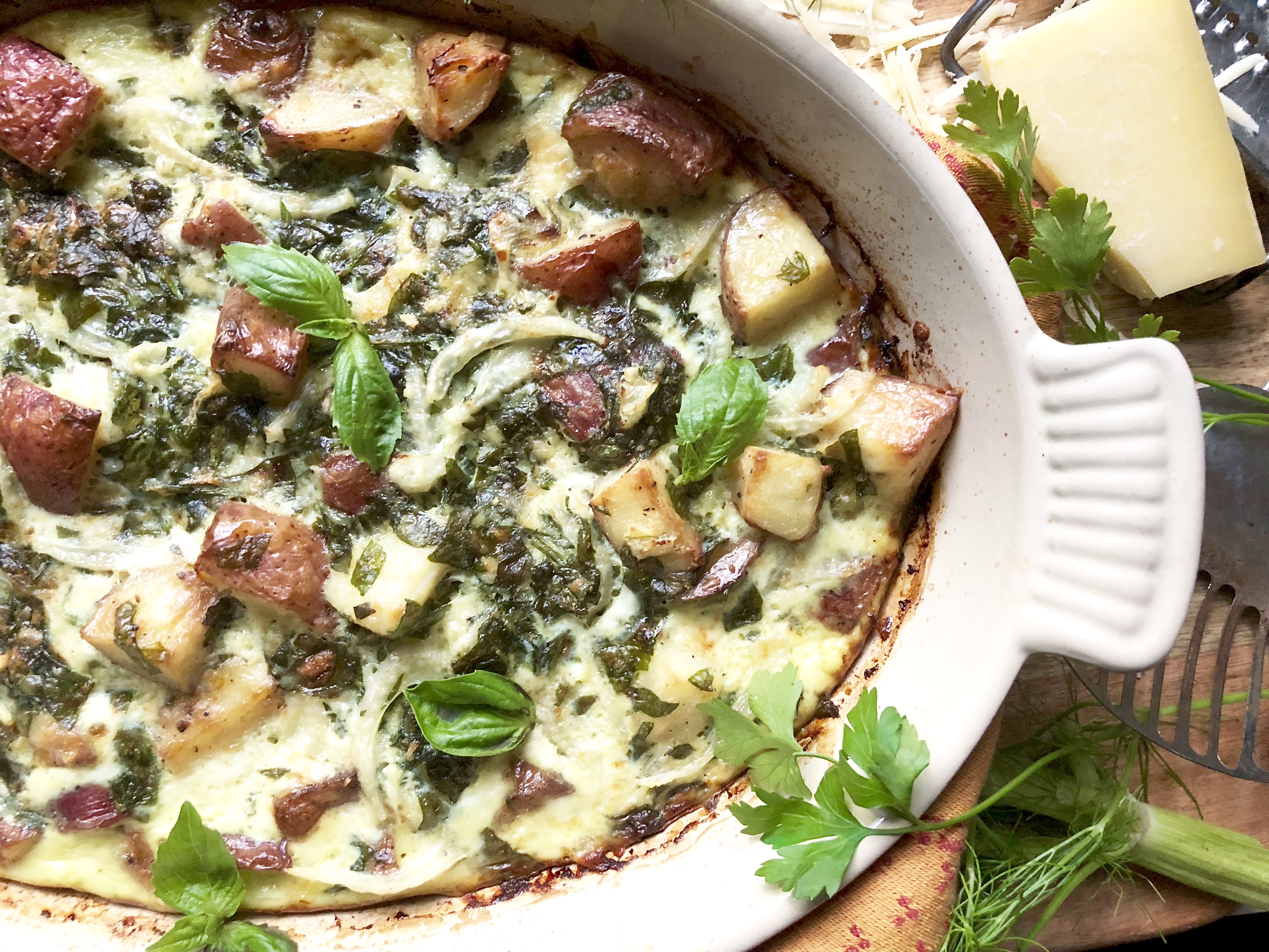 Fennel, spinach & gruyère potato bake