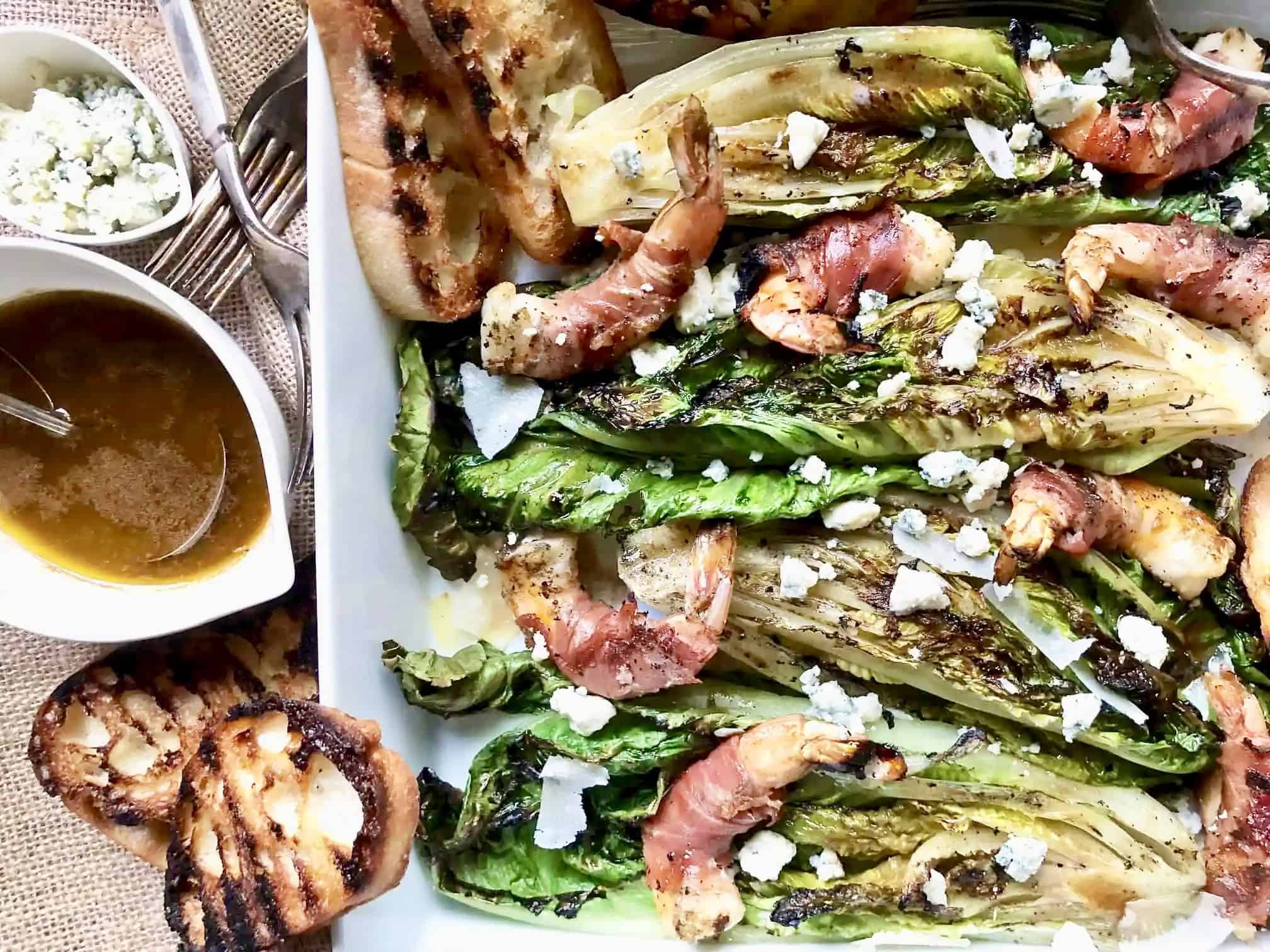 Grilled Romaine with Prosciutto-Wrapped Shrimp