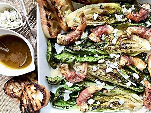Grilled Romaine with Prosciutto-Wrapped Shrimp