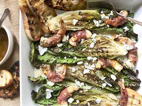 Grilled romaine with prosciutto-wrapped shrimp