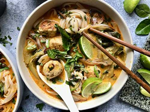Thai coconut curry noodle soup with chicken meatballs