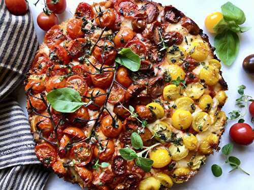 Loaded with tomatoes cast iron pizza