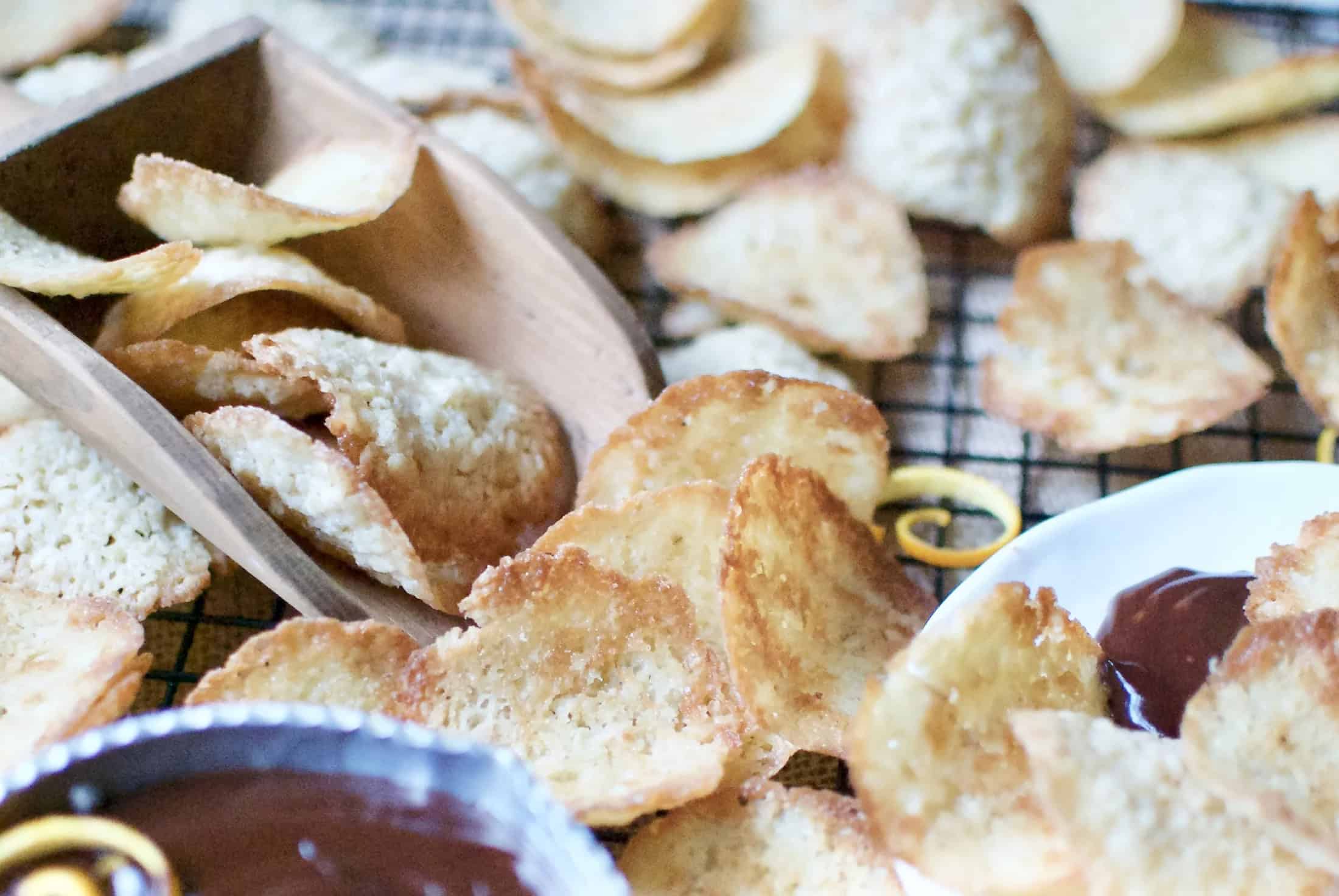 Lacy Cookie Chips with Chocolate Dip