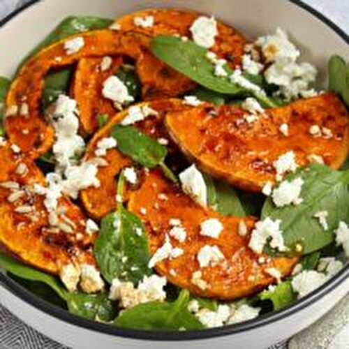 Delicious roasted pumpkin recipe with feta cheese and baby pinach