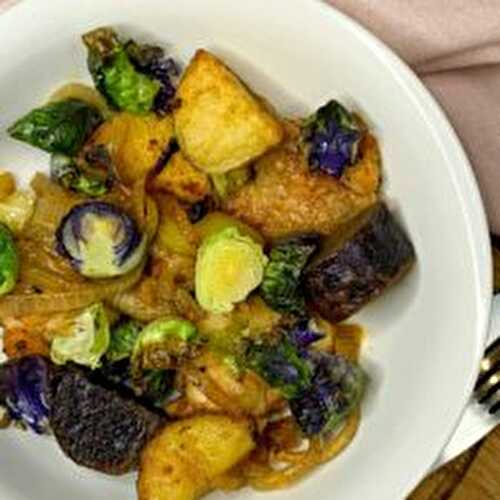 The most delicious oven-baked chicken with potatoes and Brussel sprouts