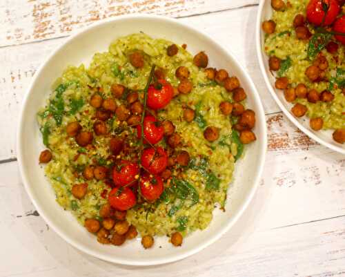 Pesto Risotto with Roasted Tomatoes and Chickpeas