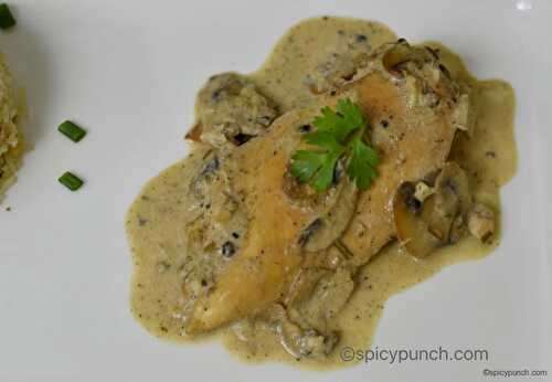 Chicken with creamy mushroom sauce recipe served with rice