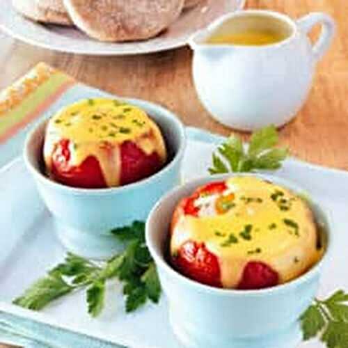 Baked Eggs in Tomatoes with Easy Blender Hollandaise Sauce
