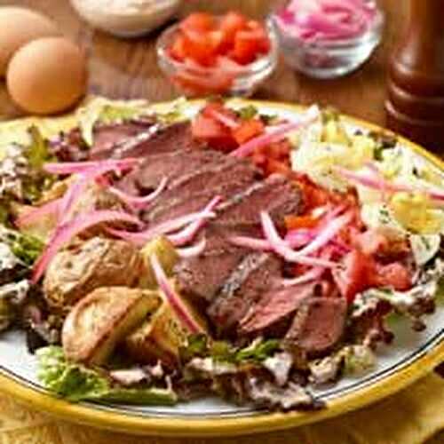 Grilled Steak, Roasted Potato and Tomato Salad