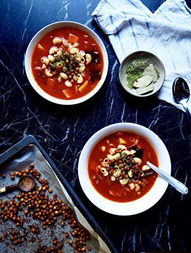 Fall Minestrone with Crispy Chickpea Croutons