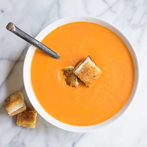 Tomato Soup With Grilled Cheese and Bacon Croutons