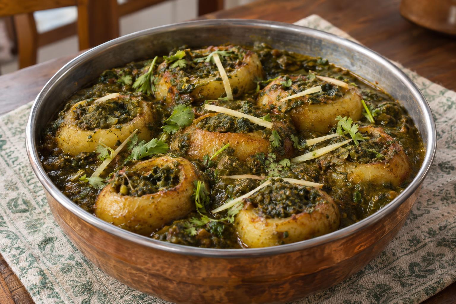 Jannat-e-numa (Stuffed Potatoes in Spinach Sauce)