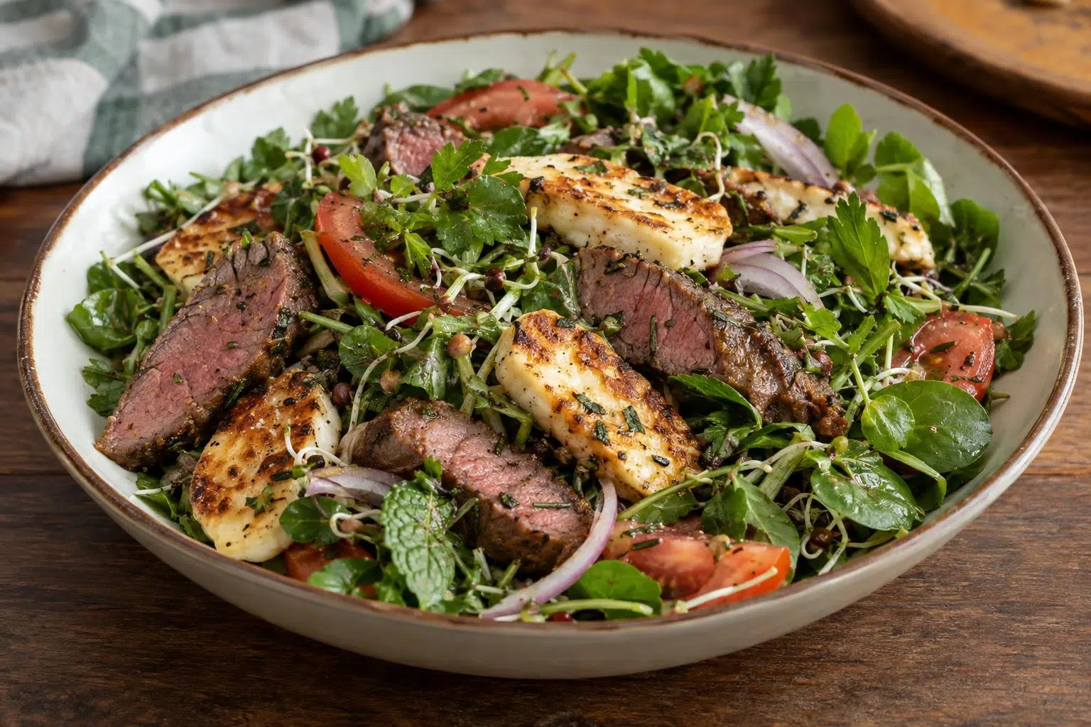 Rosemary Lamb and Haloumi on Herb Salad