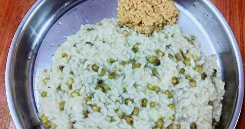 Green gram-rice kanji with roasted chilli thogayal( video recipe)
