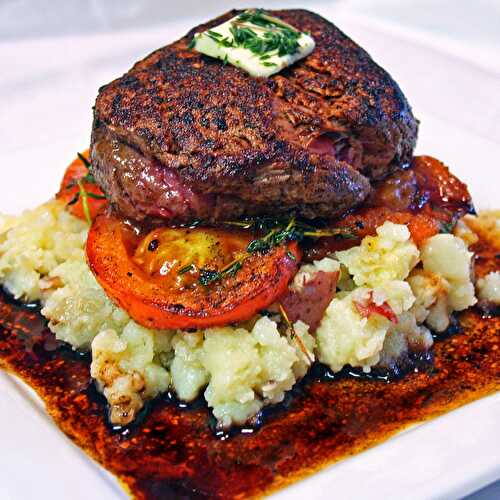 Filet Mignon on Fried Tomatoes and Mashed Red Potatoes
