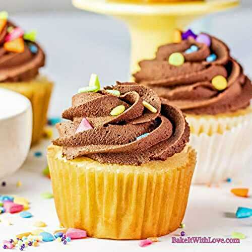 Homemade Yellow Cupcakes with Chocolate Buttercream Frosting