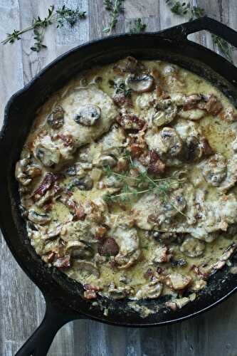 Herby Chicken Thighs in Creamy Bacon Mushroom Gruyère Sauce