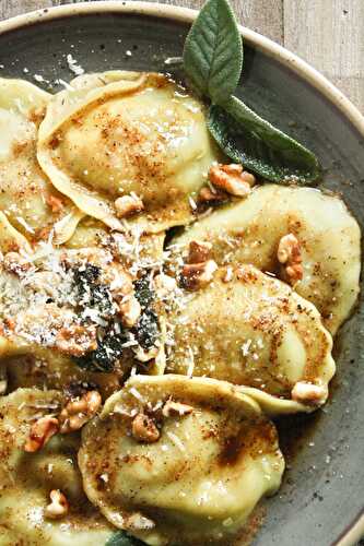 Browned Butter Balsamic Ravioli with Walnuts Parmesan and Fried Sage