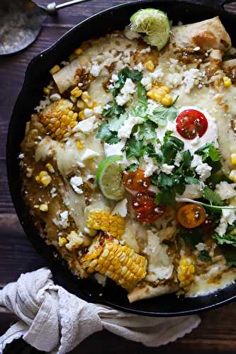 Sweet Corn Chicken Enchiladas with Roasted Tomatillo Salsa