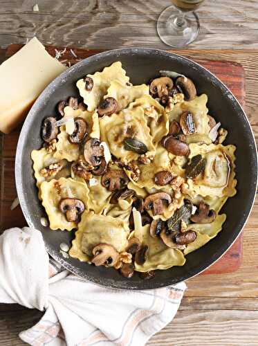 Brown Butter Mushroom Ravioli with Walnuts and Sage
