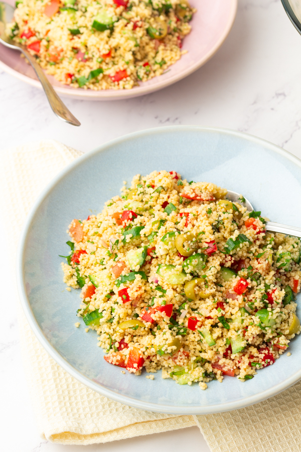 Easy Mediterranean couscous Salad  with Lemon & Harissa Dressing