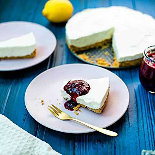 Refreshing no-bake Lemon Cheesecake with Homemade Blueberry Sauce