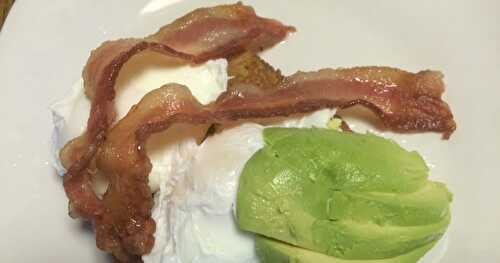 Breakfast Stack-Up: poached eggs, avocado slices, wheat toast & bacon