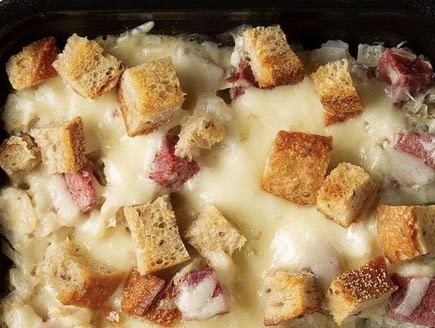 Ruben Casserole in a cast iron skillet