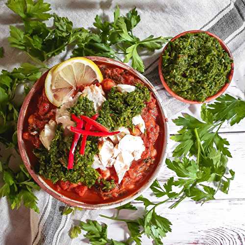 Moroccan Chickpea Stew with Chermoula & Lemon Baked Cod