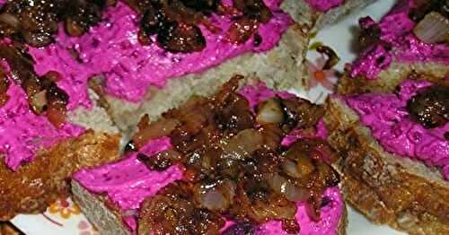 Beet and Goat Cheese Crostini with Caramelized Onions