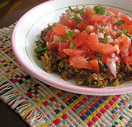 Ground Beef and Bulgur Warm Salad with Quick Tomato Relish Topping