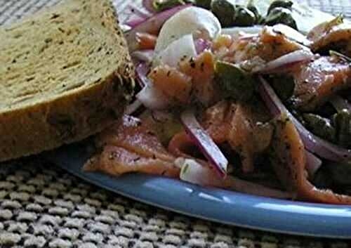 Onion and cucumber salad with salmon