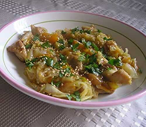Quick Warm Salad with Wilted Cabbage and Chicken in Asian Style