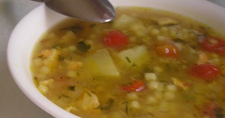 Vegetable Soup With Pearl Couscous and Salmon