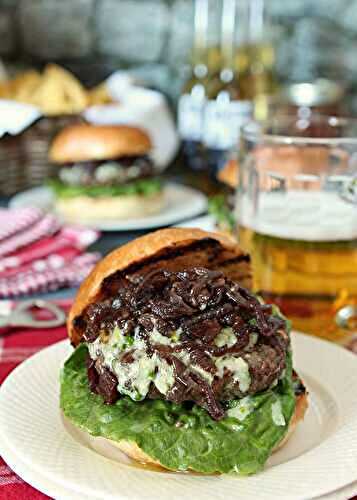Blue Cheese Bison Burger with Bacon Caramelized Onions