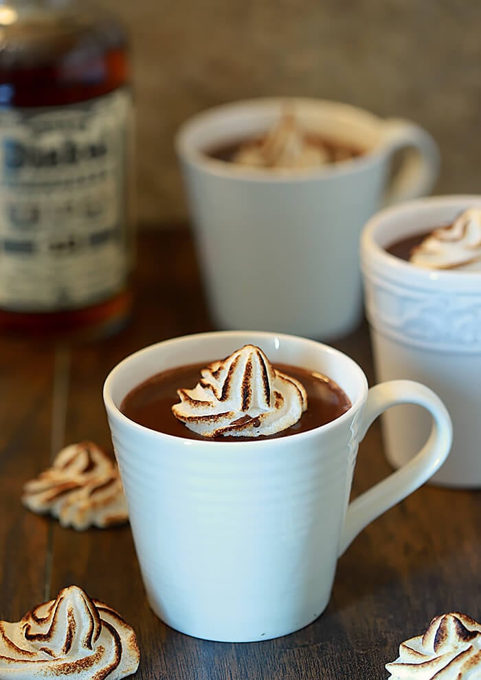 Bourbon Hot Chocolate with Toasted Meringues or Marshmallows