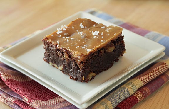 Dark Chocolate Brownies with Espresso, Toasted Walnuts and Salted Caramel Glaze