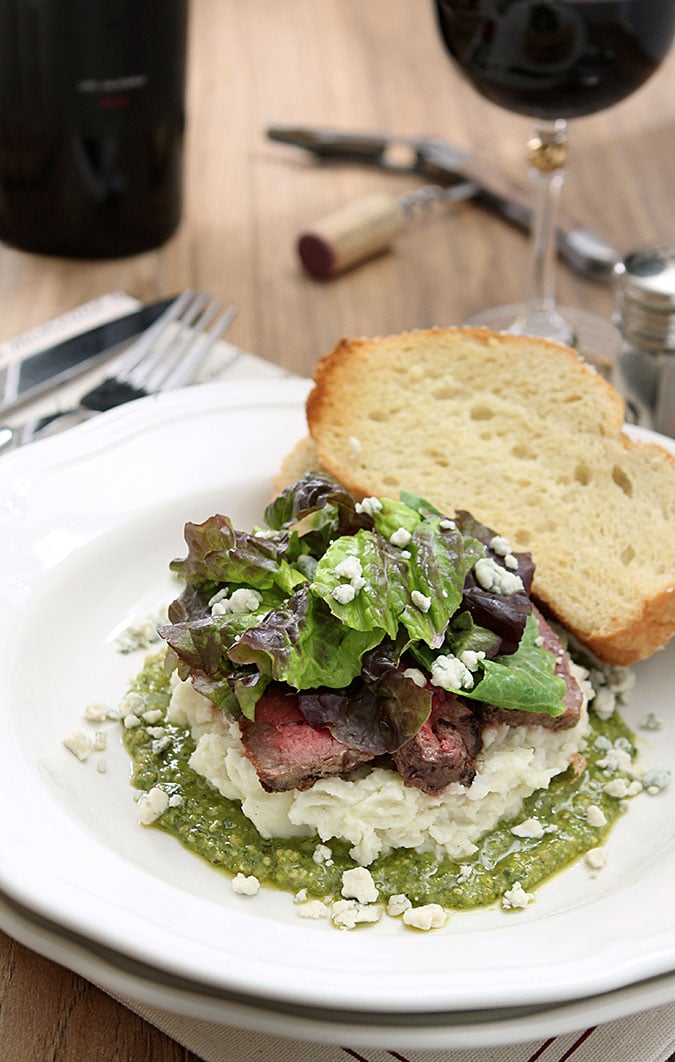 Flank Steak Salad with Mashed Potatoes, Pesto and Gorgonzola Cheese