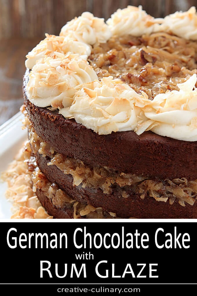 German Chocolate Cake with Rum Glaze and Buttercream