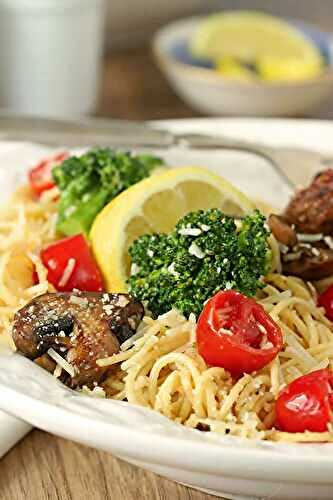 Pasta with Broccoli, Mushrooms, Tomatoes and Parmesan Cheese