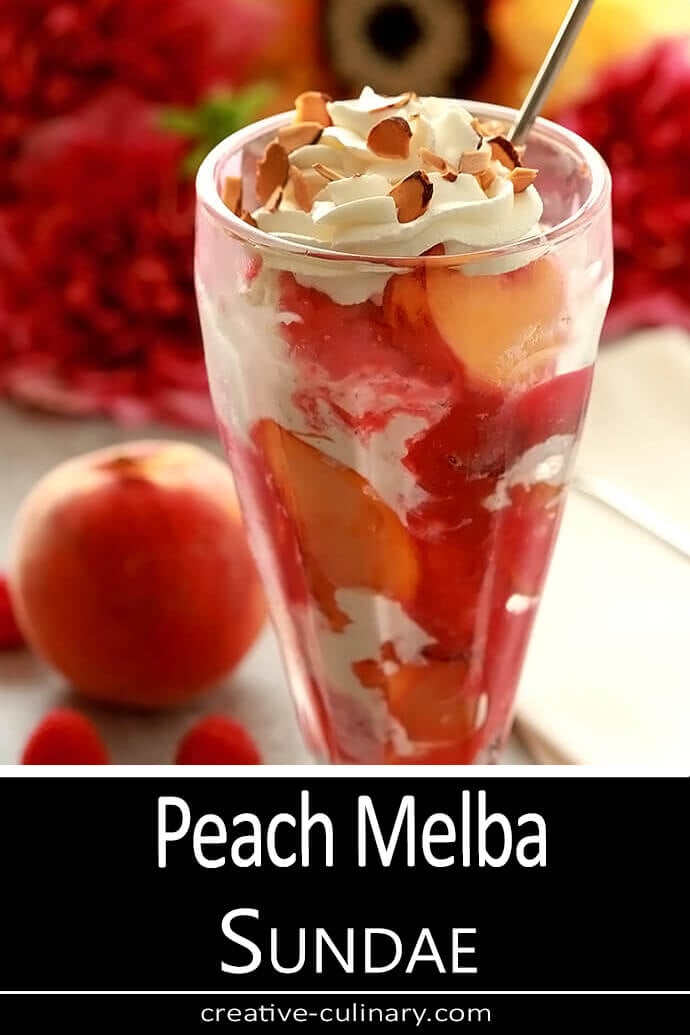 Peach Melba Ice Cream Sundae with Toasted Almonds