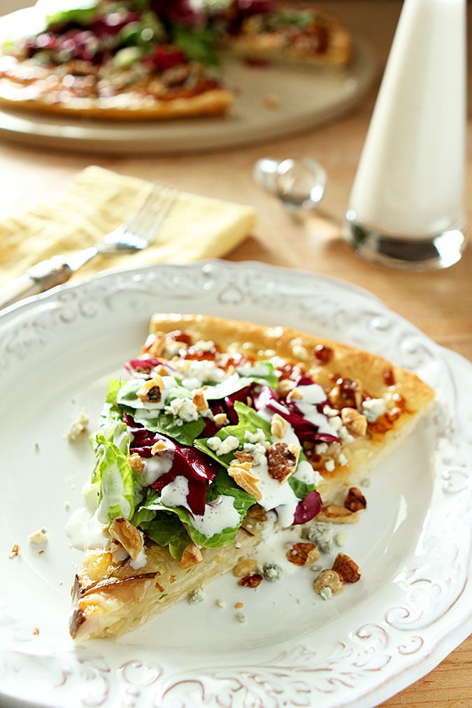 Pear, Gorgonzola and Hazelnut Pizza with Mixed Greens