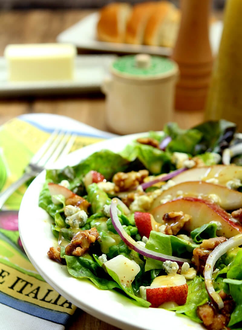 Pear, Walnut and Gorgonzola Salad with Maple Dijon Dressing