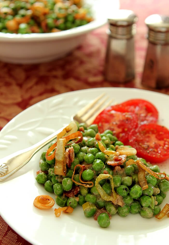 Peas with Bacon and Crispy Leeks