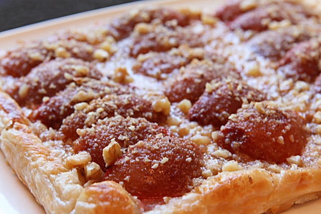 Plum Tart with Brown Sugar Mascarpone Cream and Walnuts